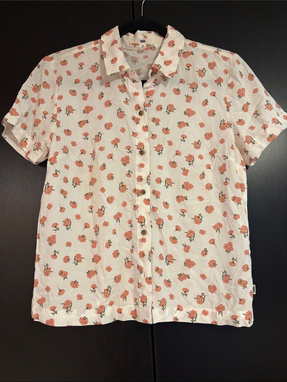 Vans White Button-Down Short Sleeve Blouse with Coral Rose Print